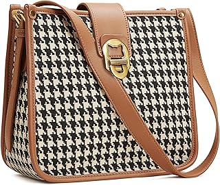 FOXLOVER Houndstooth Fabric Shoulder Bag for Women Top Handle Bucket Purse Casual Retro Portable Adjustable Straps