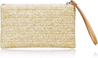 Womens Straw Clutch Bag Bohemian Summer Beach Straw Purse Zipper Wristlet Wallets for Women
