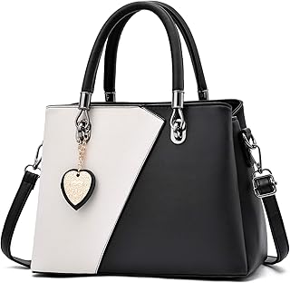 Womens Leather Handbags Purse Top-handle Bags Contrast Color Stitching Totes Satchel Shoulder Bag for Ladies