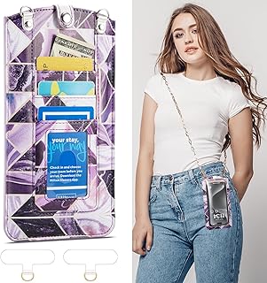 Cell Phone Purse Small Crossbody Bag for Women Leather Mini Shoulder Bag Wallet Case with Touch Screen and Card Slots Chain 2 Patches for All Smartphones iPhone 15 14 Samsung up to 7.5" Puple Marble