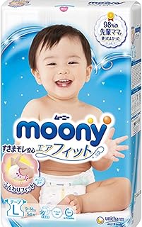 Diapers - Japanese Tapes - Import Diapers Moony Smooth Air-Through - Comfortable Fit - Prevents Leakage from The Sides - Less Pressure On Your Baby's Tummy L 54 pcs 19-30 lbs
