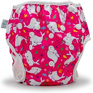 Large Nageuret Reusable Swim Diaper, Adjustable & Stylish Fits Diaper Sizes 4-6 (30-45lbs) Ultra Premium Quality for Eco-Friendly & Swimming Lessons (Anchors) (Hot Pink Narwhals)