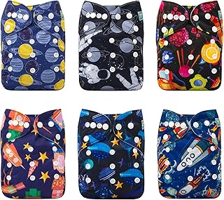 Baby Cloth Diapers One Size Adjustable Washable Reusable for Baby Girls and Boys 6 Pack with 12 Inserts 6DM50-DA