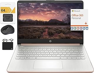 Newest 14" HD Ultra Light Thin Laptop, Quad-Core Intel Celeron Processor, 4GB RAM, 128GB (64GB eMMC+ 64GB Card), Wi-Fi, Upto 11 Hours, Windows 11 S + 1 Year Office 365+HubxcelAccessory, Rose Gold
