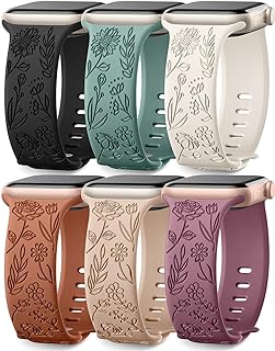 6 Pack Floral Engraved Bands Compatible with Apple Watch Band 44mm 40mm 38mm 41mm 45mm 49mm 42mm Women, Soft Silicone Cute Flower Pattern Sport Strap for iWatch Bands Series Ultra Ultra 2 SE 9 8 7 6 5