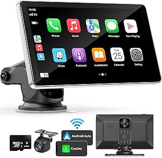 Portable Apple Carplay Screen for Car, 9" Wireless Apple Carplay & Android Auto,4K Dash Cam,1080p Backup Camera DVR,Car Audio Receivers GPS Navigation Mirror Link, Bluetooth,FM, Siri