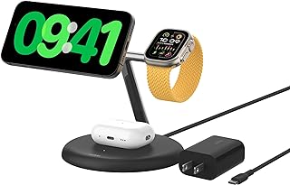 3-in-1 Wireless Charging Stand with Magnetic MagSafe Compatible Qi2 15W, Fast Charging iPhone Charger for iPhone 15, 14, and 13 Series, AirPods, Apple Watch, & More (PSU Included) - Black