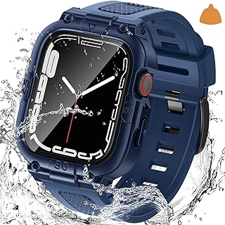 3 in 1 Waterproof Case and Band with Tempered Glass Screen Protector for Apple Watch Series SE2 SE 6 5 4 40mm, Hard PC Bumper Cover for iWatch Accessories, 40mm Blue