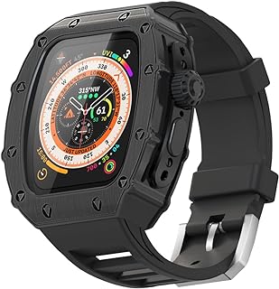 Luxury Case for Apple Watch FKM Band 49mm, Rugged Bumper Metal Cover + Built-in Glass + Fluoroelastomer Strap for Men's Heavy Duty iWatch Series Ultra 2 49mm Protective Case (49mm, Black)