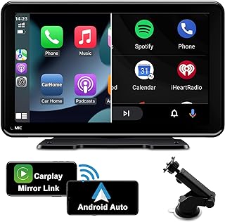 Portable Car Stereo for Apple Carplay, Android Auto, Air Play, Mirror Link, Wireless Car Play Screen with Bluetooth Handsfree, 7 Inch IPS Touchscreen, GPS Car Navigation, Siri/Google, FM/AUX/USB/TF