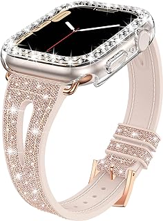 Bling Band +Case for Apple Watch Bands 45mm 44mm 41mm 40mm 38mm Series 8 7 SE 6 5 4 3 2 1, Women Glitter Silicone Thin Strap + Bumper Cover Designed for iWatch Accessories