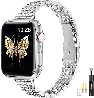 Slim Metal Bands Compatible with Apple Watch Band Series 8/7(45mm 41mm) ,Series SE 6/5/4(40mm 44mm) ,Series 3/2 /1(38mm 42mm), Thin Stainless Steel Chain Strap for Women iWatch Band