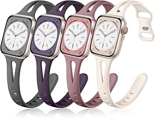 Compatible for Apple Watch Band 40mm 38mm 41mm 42m 44mm 45mm 49mm, Stylish Durable Soft Silicone Slim Sport Wristband Replacement Bands iWatch SE Ultra Series 9 8 7 6 5 4 3 2 1 Women Men 4 Pack