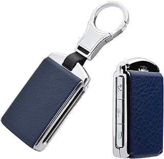 HIBEYO Zinc Alloy Leather Key Fob Cover Case Remote Jacket Shell 2021 2022 for Volvo XC40 XC60 XC90 S90 V90 Car Key Fob Shell Smart Auto Key Accessories with Keychians Full Protective Case-Silver Blue