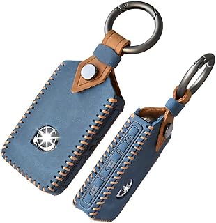 HIBEYO Leather Smart Key Fob Case Compatible with Volvo XC40 XC60 XC90 S90 V90 Car Key Fob Cover Remote Keyless Entry Full Protection Shell 2019 2021 Keychains Auto Accessories Holder Protector-Bule
