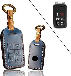 ontto Leather Key Case Fit for Volvo 2008-2018,Car Key Bag for Volvo S60 S80 V61,Stylish Key Fob Bag(6-Button,Brown), Blue, 6-button