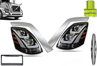 Volvo VNL Headlight 2004-2017 Truck Left [Driver] and Right [Passenger] side Pair Set - PLUS Volvo Logo, H7 LED Bulbs, Chrome Fender Guard Trim set and Wipers