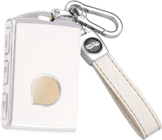 HIBEYO Key Fob Cover Compatible with Volvo XC40 XC60 XC90 S90 V90 2019 2021 2022 2023 TPU Key Case Cover Smart Keyless Auto Key for Volvo Accessoreis with Leather Keychains-Whtie