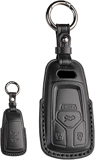 Car Key Fob Cover Genuine Leather with Keychain Key Ring Case Holder Protector Compatible with Audi A4 A5 Q7 TT SQ5 Smart Key 2017 2018 2019, Black, Standard